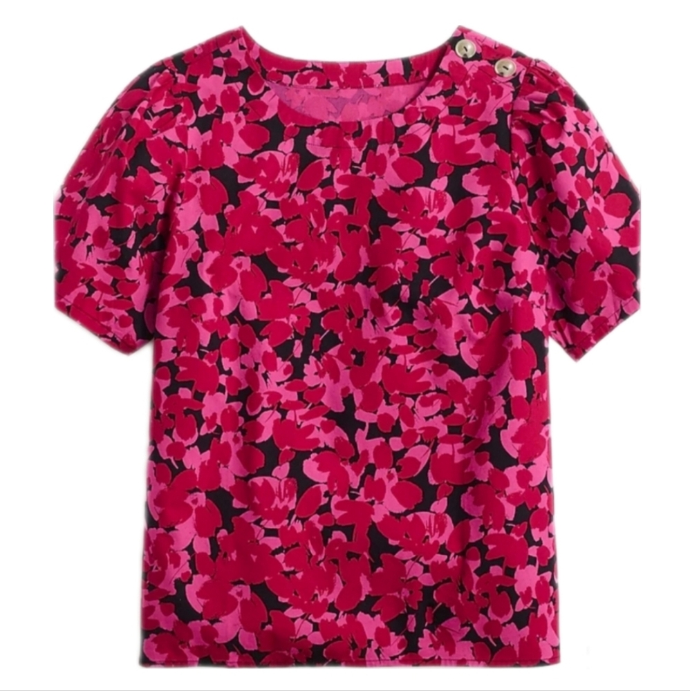 J Crew Factory Puff Sleeve Top in Cotton Poplin, Pink, Red & Black, Size M